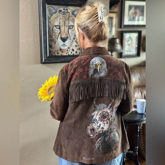 Gorgeous handpainted suede fringe jacket sz SM tribal Southwest horse eagle OOAK - Picture 6 of 10
